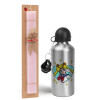 Easter Set, metallic Silver aluminum water bottle (500ml) & scented flat Easter candle (30cm) (PINK)