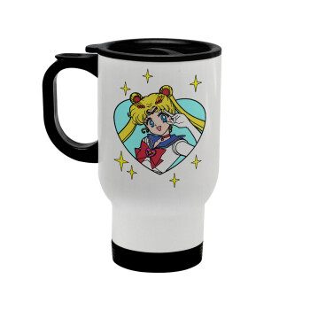 Sailor Moon star, Κούπα ταξιδιού ανοξείδωτη με καπάκι, διπλού τοιχώματος (θερμό) λευκή 450ml