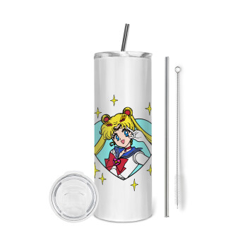 Sailor Moon star, Tumbler ποτήρι θερμό από ανοξείδωτο ατσάλι 600ml, με μεταλλικό καλαμάκι & βούρτσα καθαρισμού