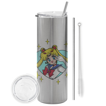 Sailor Moon star, Tumbler ποτήρι θερμό Ασημένιο από ανοξείδωτο ατσάλι 600ml, με μεταλλικό καλαμάκι & βούρτσα καθαρισμού