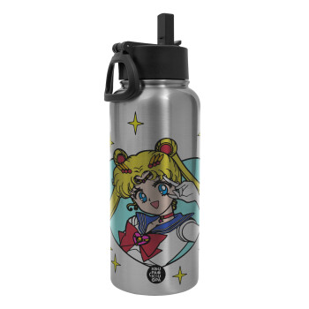 Sailor Moon star, Μεταλλικό παγούρι θερμός Silver με καλαμάκι και χερούλι (Stainless steel), διπλού τοιχώματος, 950ml