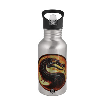 Mortal Kombat, Water bottle Silver with straw, stainless steel 500ml