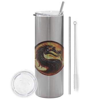 Mortal Kombat, Eco friendly ποτήρι θερμό Ασημένιο (tumbler) από ανοξείδωτο ατσάλι 600ml, με μεταλλικό καλαμάκι & βούρτσα καθαρισμού