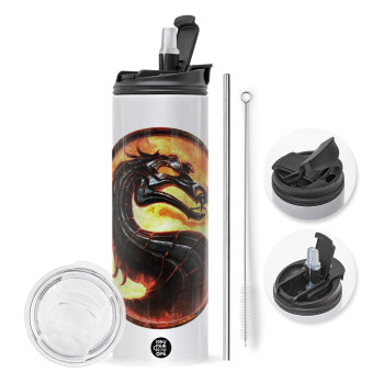 Mortal Kombat, Travel Tumbler 2 Lids, with metal straw & cleaning brush (Stainless steel 304 Food grade, BPA free, 600ml)