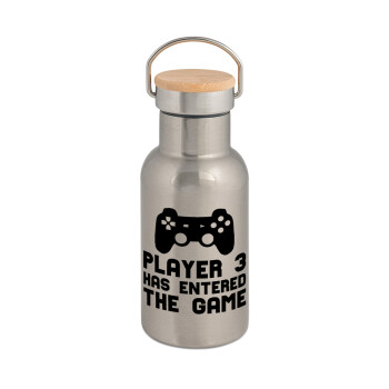 Player 3 has entered the Game, Stainless steel metallic thermos flask, silver with a bamboo lid, double-walled, 350ml.