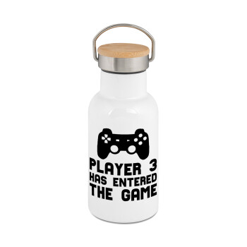 Player 3 has entered the Game, Metallic thermos (Stainless steel) White with wooden lid (bamboo), double-walled, 350ml