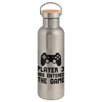 Player 3 has entered the Game, Stainless steel Silver with wooden lid (bamboo), double wall, 750ml