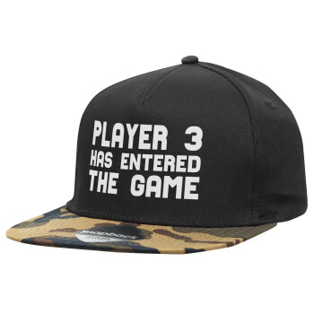 Player 3 has entered the Game, Adult Flat Snapback Hat Black/Camouflage, (100% COTTON TWILL, ADULT, UNISEX, ONE SIZE)