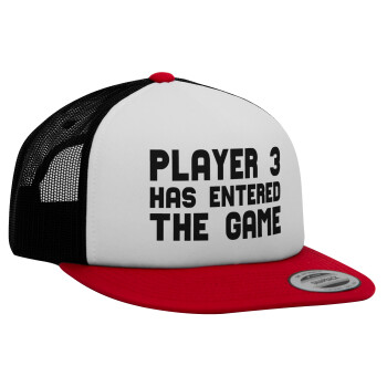 Player 3 has entered the Game, Adult Foam Flat Snapback with Mesh Red-White-Black (POLYESTER, ADULT, UNISEX, ONE SIZE)