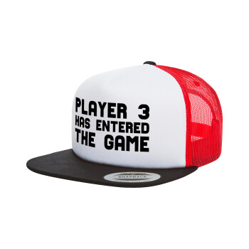 Player 3 has entered the Game, Adult Foam Flat Snapback with Mesh Black-White-Red (POLYESTER, ADULT, UNISEX, ONE SIZE)