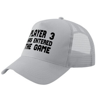 Player 3 has entered the Game, Adult Structured Trucker Hat, with Mesh, GRAY (100% COTTON, ADULT, UNISEX, ONE SIZE)