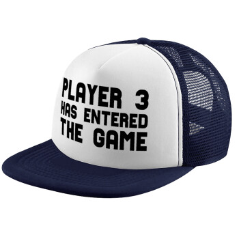 Player 3 has entered the Game, Adult Soft Trucker Hat with Dark Blue/White Mesh (POLYESTER, ADULT, UNISEX, ONE SIZE)