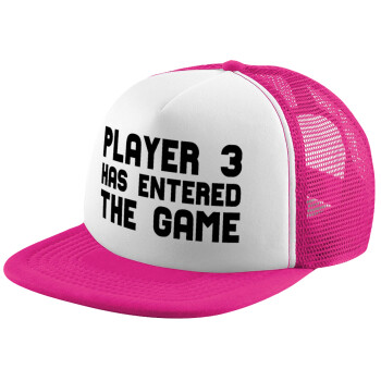 Player 3 has entered the Game, Adult Soft Trucker Hat with Pink/White Mesh (POLYESTER, ADULT, UNISEX, ONE SIZE)