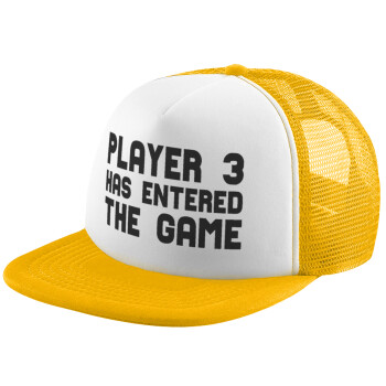 Player 3 has entered the Game, Adult Soft Trucker Hat with Yellow/White Mesh (POLYESTER, ADULT, UNISEX, ONE SIZE)