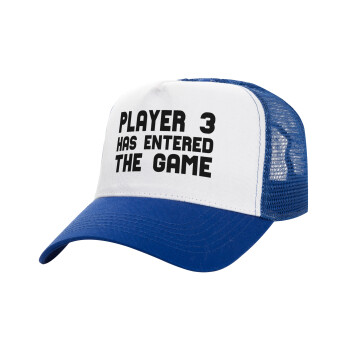 Player 3 has entered the Game, Adult Structured Trucker Hat, with Mesh, WHITE/BLUE (100% COTTON, ADULT, UNISEX, ONE SIZE)