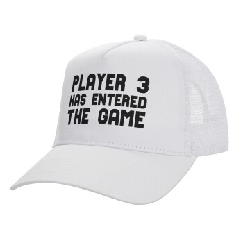 Player 3 has entered the Game, Structured Trucker Adult Hat, with Mesh, WHITE (100% COTTON, ADULT, UNISEX, ONE SIZE)