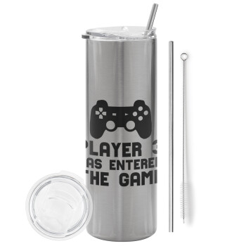 Player 3 has entered the Game, Tumbler stainless steel Silver 600ml, with metal straw & cleaning brush