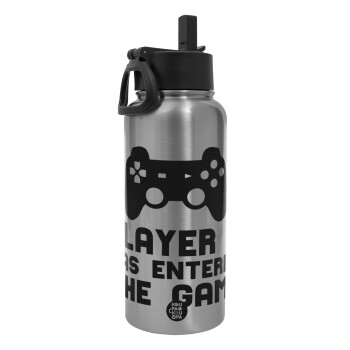 Player 3 has entered the Game, Metal mug thermo Silver with Straw and Spout Lid (Stainless steel), double wall, 950ml