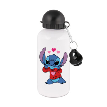 Stitch heart, Metal water bottle, White, aluminum 500ml