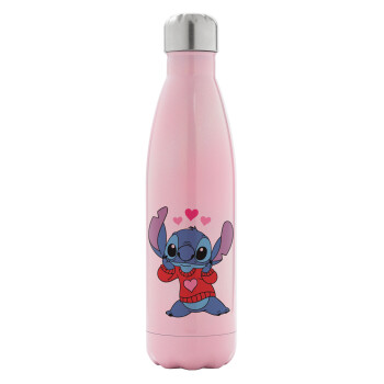 Stitch heart, Metal mug thermos Pink Iridiscent (Stainless steel), double wall, 500ml