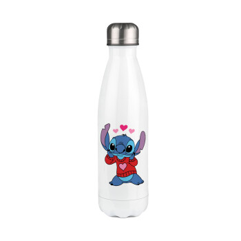 Stitch heart, Metal mug thermos White (Stainless steel), double wall, 500ml