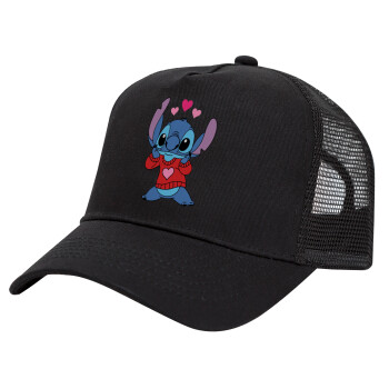 Stitch heart, Trucker Hat with Mesh, Black, (COTTON, KIDS, UNISEX, ONE SIZE)