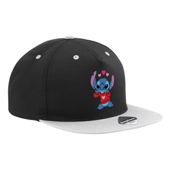 Stitch heart, Adult Flat Snapback Hat Black/Grey, (100% COTTON TWILL, ADULT, UNISEX, ONE SIZE)