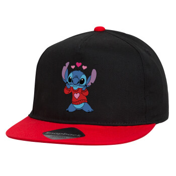 Stitch heart, Καπέλο παιδικό Flat Snapback, Μαύρο/Κόκκινο (100% ΒΑΜΒΑΚΕΡΟ, ΠΑΙΔΙΚΟ, UNISEX, ONE SIZE)