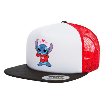 Stitch heart, Adult Foam Flat Snapback with Mesh Black-White-Red (POLYESTER, ADULT, UNISEX, ONE SIZE)