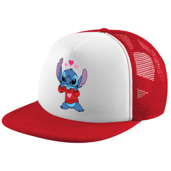 Stitch heart, Adult Soft Trucker Hat with Red/White Mesh (POLYESTER, ADULT, UNISEX, ONE SIZE)