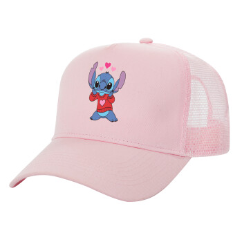 Stitch heart, Καπέλο Παιδικό Structured Trucker, με Δίχτυ, ΡΟΖ (100% ΒΑΜΒΑΚΕΡΟ, ΠΑΙΔΙΚΟ, UNISEX, ONE SIZE)