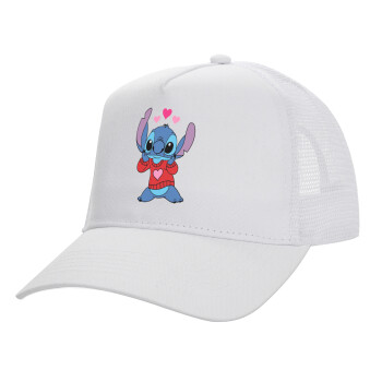 Stitch heart, Structured Trucker Adult Hat, with Mesh, WHITE (100% COTTON, ADULT, UNISEX, ONE SIZE)