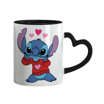 Stitch heart, Mug heart black handle, ceramic, 330ml