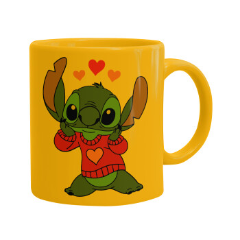 Stitch heart, Ceramic coffee mug yellow, 330ml