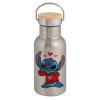 Stainless steel metallic thermos flask, silver with a bamboo lid, double-walled, 350ml.