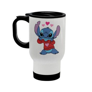 Stitch heart, Stainless steel travel mug with lid, double wall white 450ml