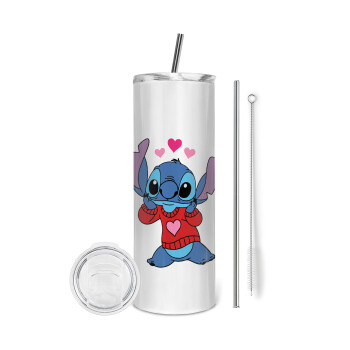 Stitch heart, Eco friendly stainless steel tumbler 600ml, with metal straw & cleaning brush