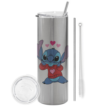 Stitch heart, Tumbler ποτήρι θερμό Ασημένιο από ανοξείδωτο ατσάλι 600ml, με μεταλλικό καλαμάκι & βούρτσα καθαρισμού