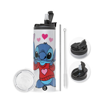 Stitch heart, Travel Tumbler θερμό με διπλό καπάκι, μεταλλικό καλαμάκι και βούρτσα καθαρισμού (Ανωξείδωτο 304 Food grade, BPA free, 600ml)