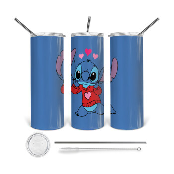 Stitch heart, Tumbler ποτήρι θερμό από ανοξείδωτο ατσάλι 600ml, με μεταλλικό καλαμάκι & βούρτσα καθαρισμού