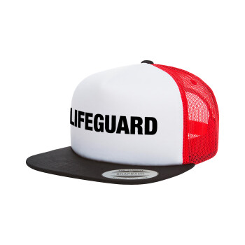 Lifeguard, Adult Foam Flat Snapback with Mesh Black-White-Red (POLYESTER, ADULT, UNISEX, ONE SIZE)