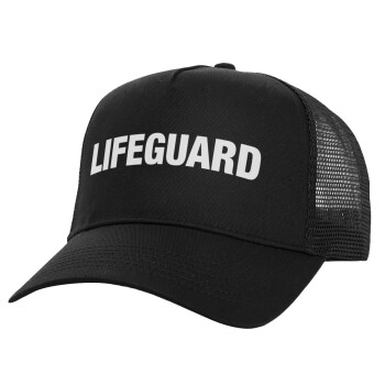 Lifeguard, Structured Trucker Adult Hat, with Mesh, Black (100% COTTON, ADULT, UNISEX, ONE SIZE)