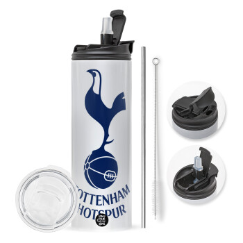 Tottenham Hotspur, Travel Tumbler θερμό με διπλό καπάκι, μεταλλικό καλαμάκι και βούρτσα καθαρισμού (Ανωξείδωτο 304 Food grade, BPA free, 600ml)