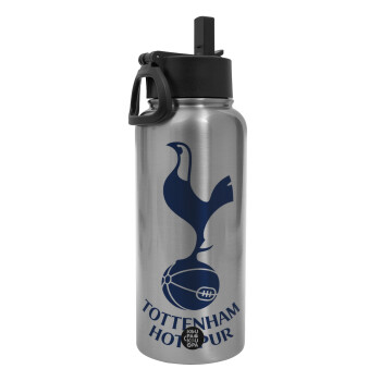 Tottenham Hotspur, Μεταλλικό παγούρι θερμός Silver με καλαμάκι και χερούλι (Stainless steel), διπλού τοιχώματος, 950ml