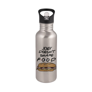 Joey Doesn't Share Food, Water bottle Silver with straw, stainless steel 600ml