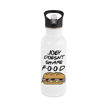 Joey Doesn't Share Food, White water bottle with straw, stainless steel 600ml
