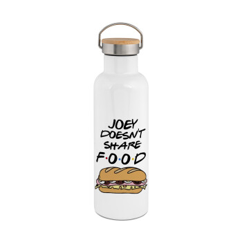 Joey Doesn't Share Food, Μεταλλικό παγούρι θερμός (Stainless steel) Λευκό με ξύλινο καπακι (bamboo), διπλού τοιχώματος, 750ml