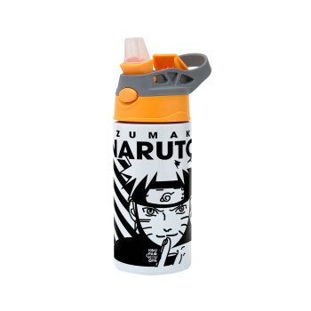 Naruto uzumaki, Children's hot water bottle, stainless steel, with safety straw, Orange/Grey (360ml) BPA-FREE