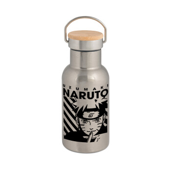 Naruto uzumaki, Stainless steel metallic thermos flask, silver with a bamboo lid, double-walled, 350ml.