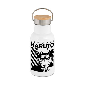 Naruto uzumaki, Μεταλλικό παγούρι θερμός (Stainless steel) Λευκό με ξύλινο καπακι (bamboo), διπλού τοιχώματος, 350ml